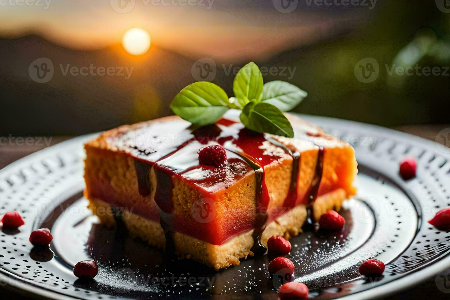 a piece of cake with berries on a plate. AI-Generated photo