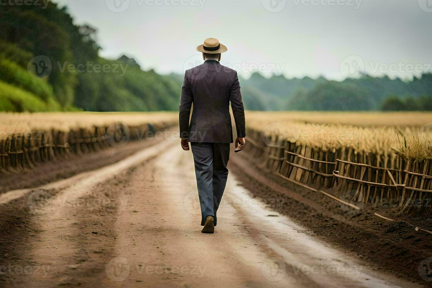 un hombre en un traje y sombrero camina abajo un suciedad la carretera. generado por ai foto