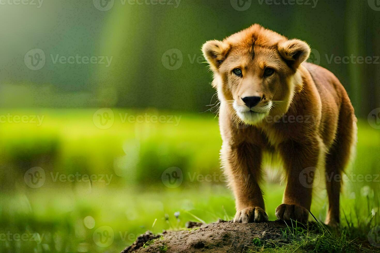 a lion standing on a rock in the middle of a field. AI-Generated photo