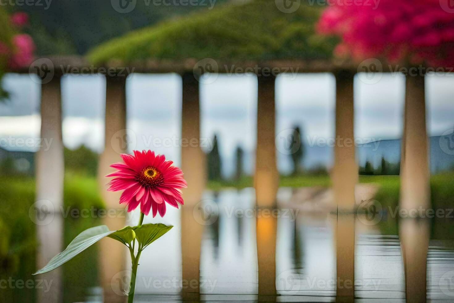 a single red flower stands in front of a bridge. AI-Generated photo