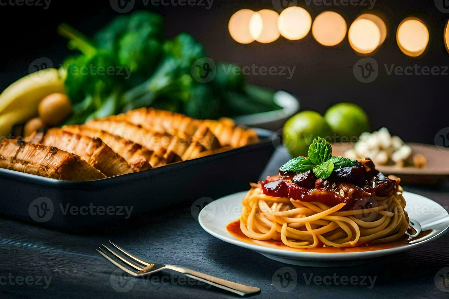 spaghetti with meat sauce and bread on a plate. AI-Generated photo