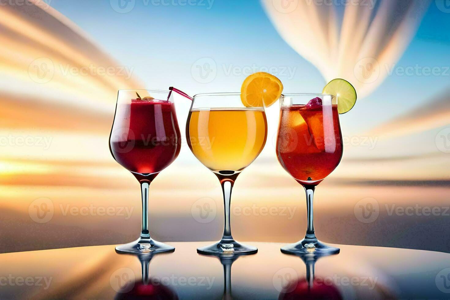 Tres lentes de diferente bebidas con un puesta de sol en el antecedentes. generado por ai foto