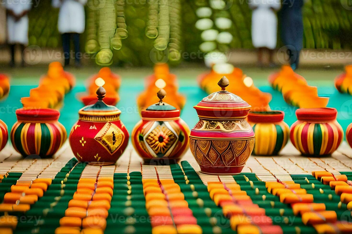 colorful pots and vases sit on a table. AI-Generated photo