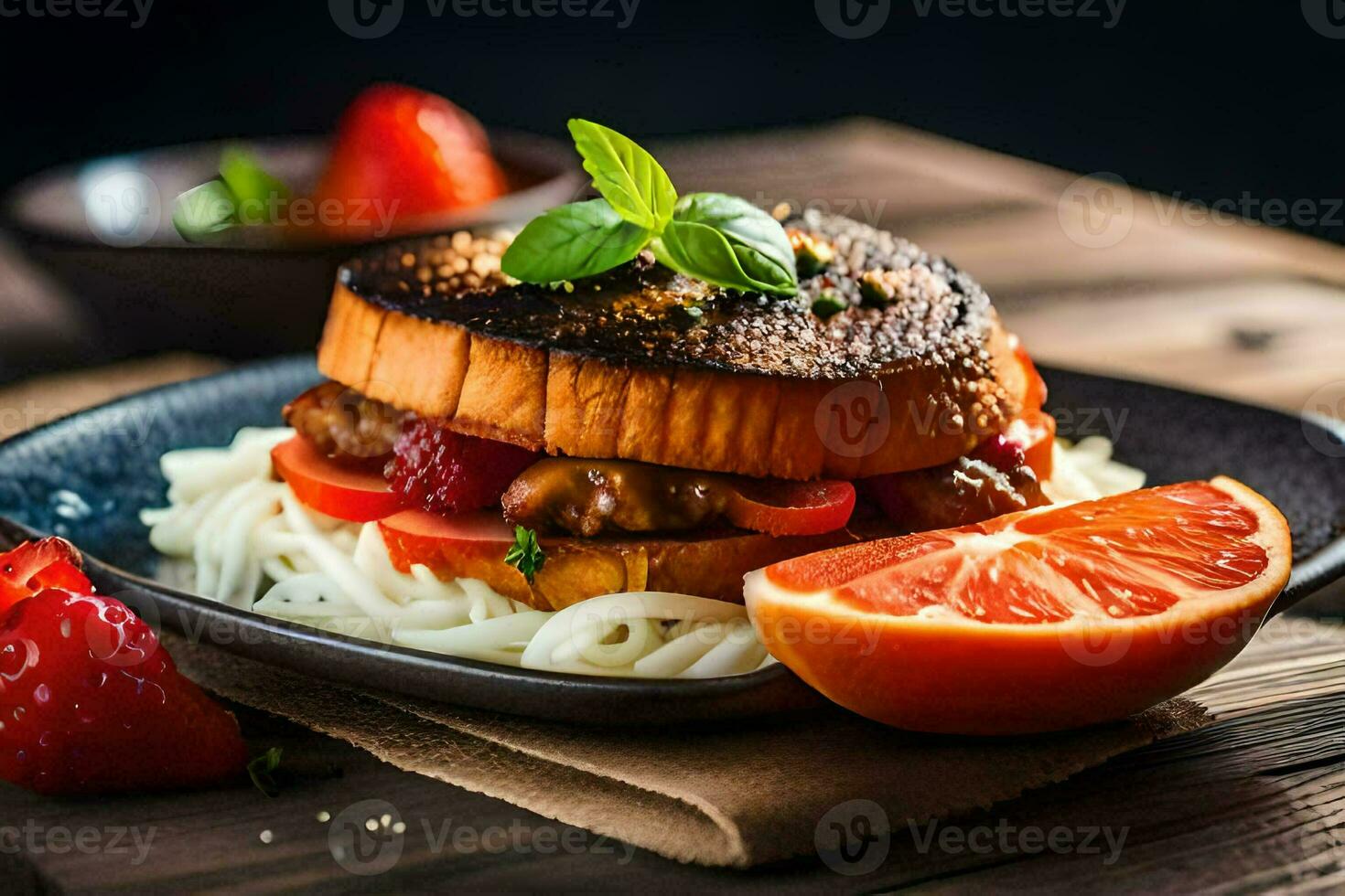 a sandwich with meat, tomatoes and strawberries on a plate. AI-Generated photo