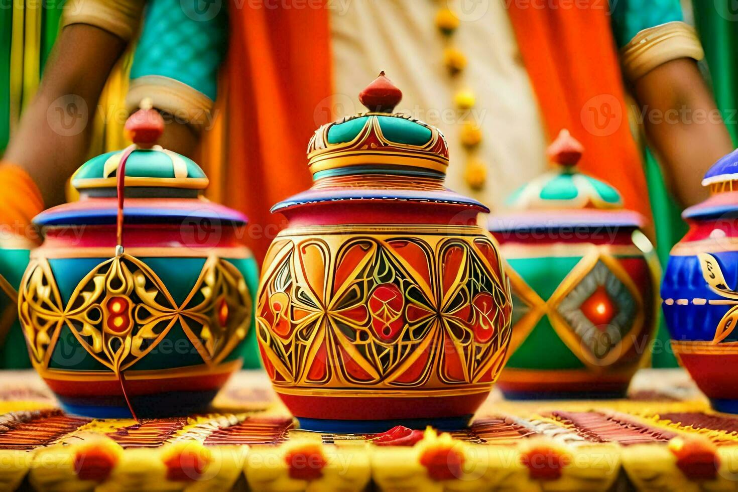 colorful pots with designs on them are on display. AI-Generated photo