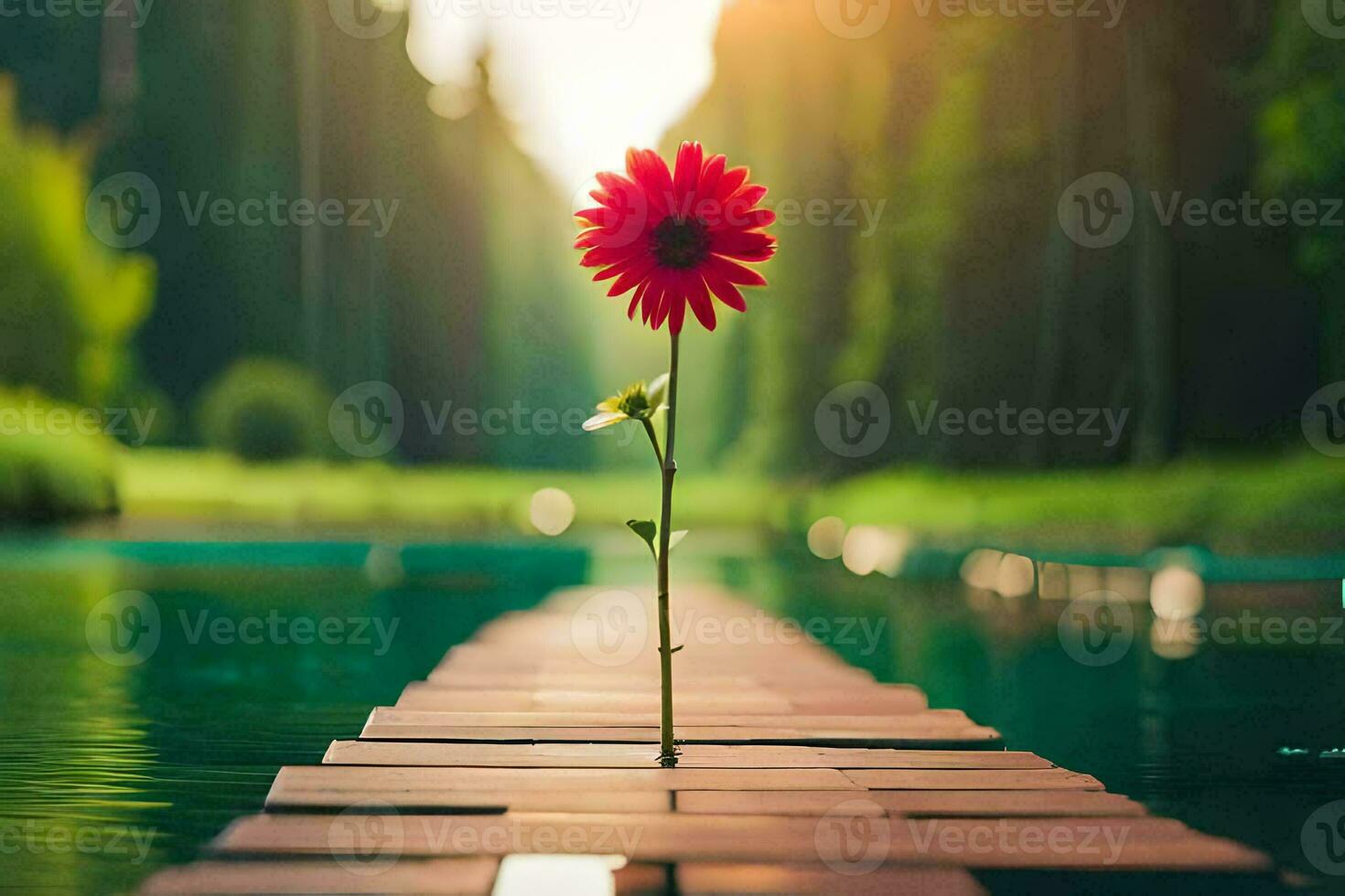 un rojo flor soportes en un de madera muelle terminado un lago. generado por ai foto