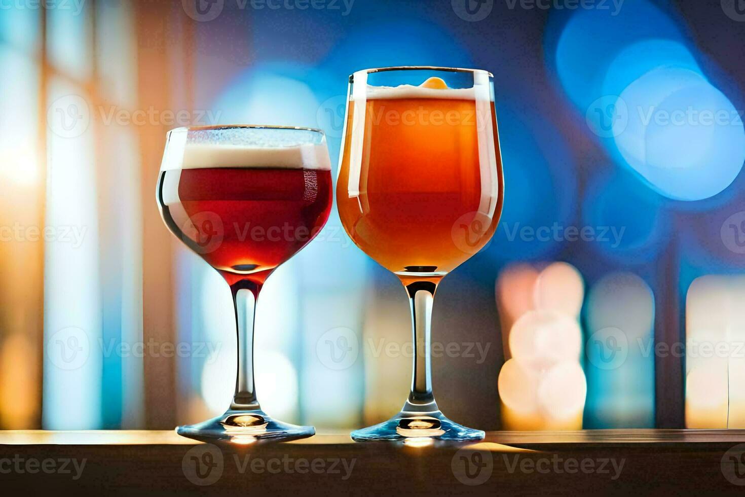 two glasses of alcohol on a table. AI-Generated photo