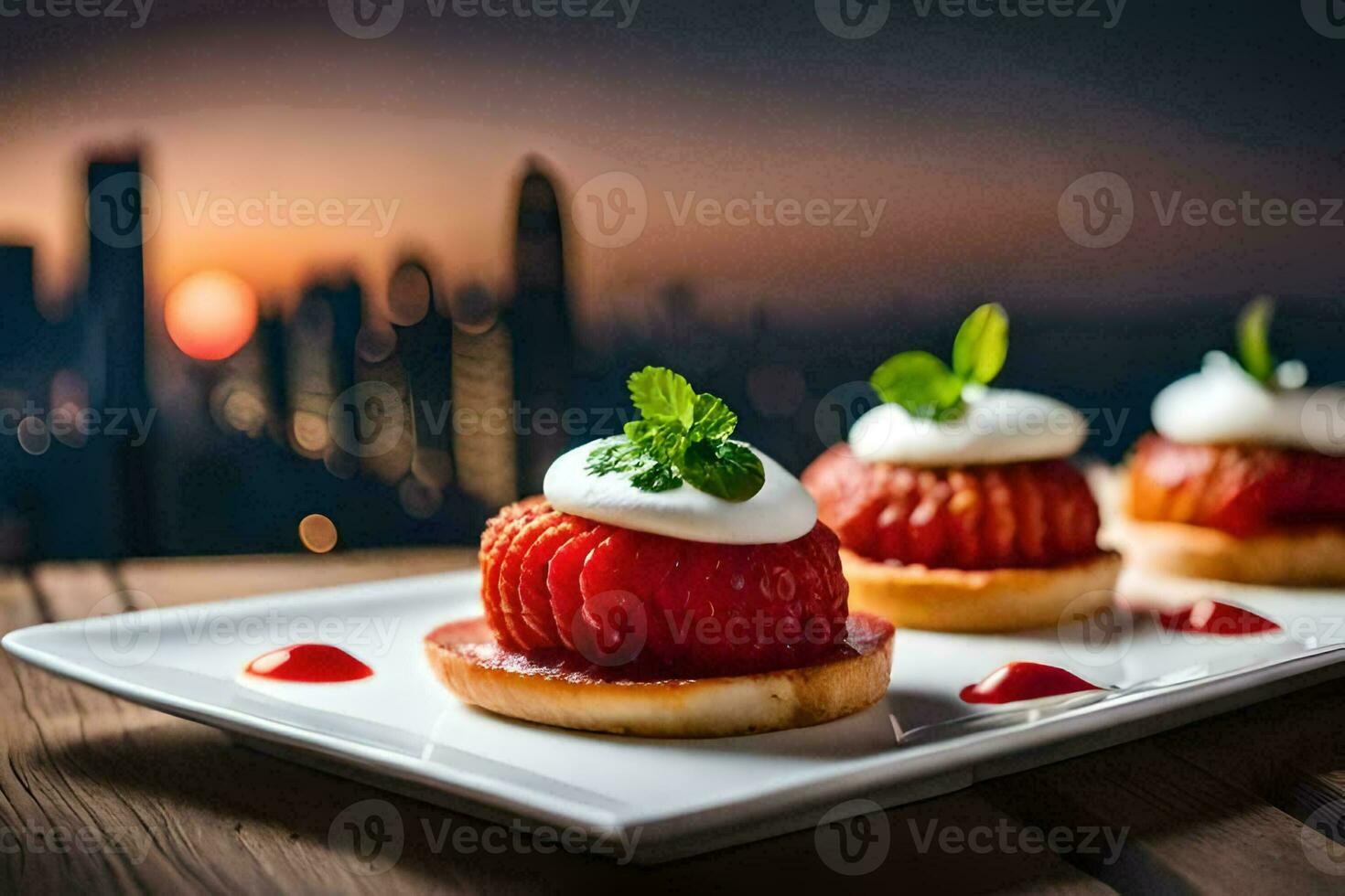 three small desserts on a white plate with a city view. AI-Generated photo