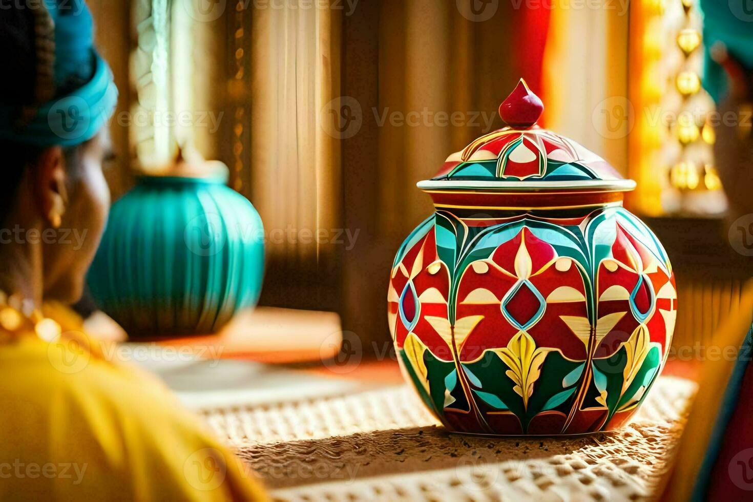 a colorful vase sitting on a table in front of a window. AI-Generated photo