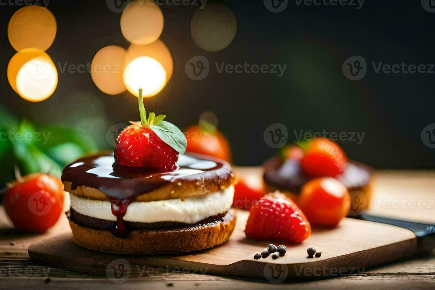 a strawberry and chocolate dessert on a wooden board. AI-Generated photo