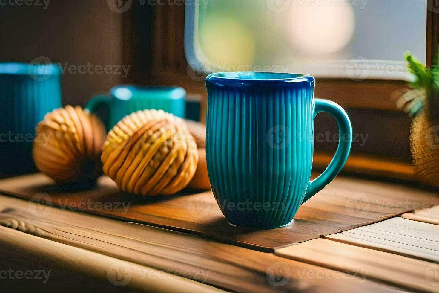 blue coffee mug on a wooden table near a window. AI-Generated photo