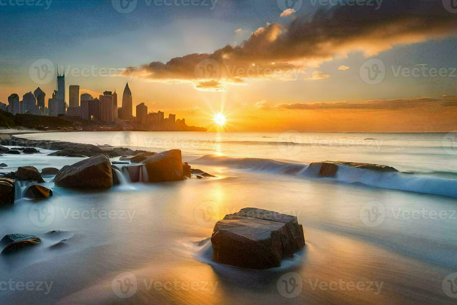 the sun rises over the city skyline. AI-Generated photo