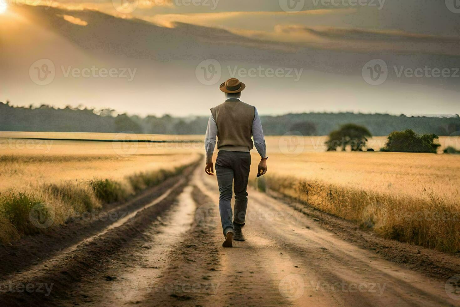 un hombre caminando abajo un suciedad la carretera en el medio de un campo. generado por ai foto