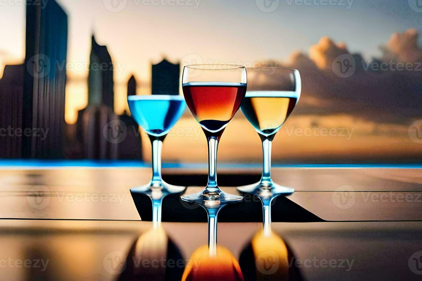 three glasses of wine on a table in front of a city skyline. AI-Generated photo