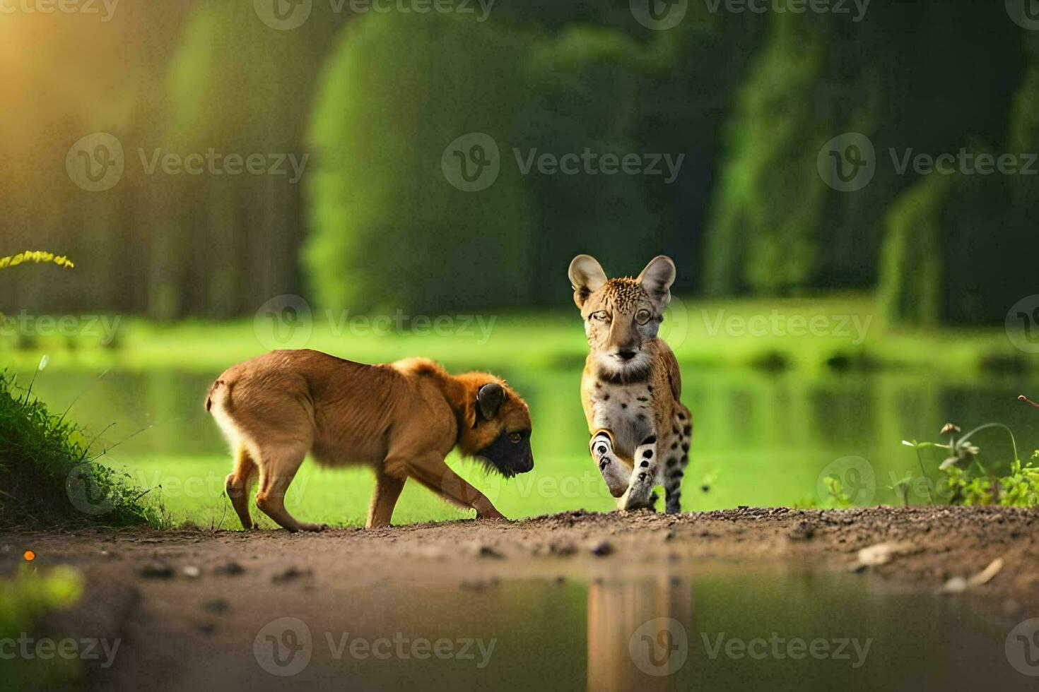 dos perros caminando a lo largo un camino cerca un lago. generado por ai foto