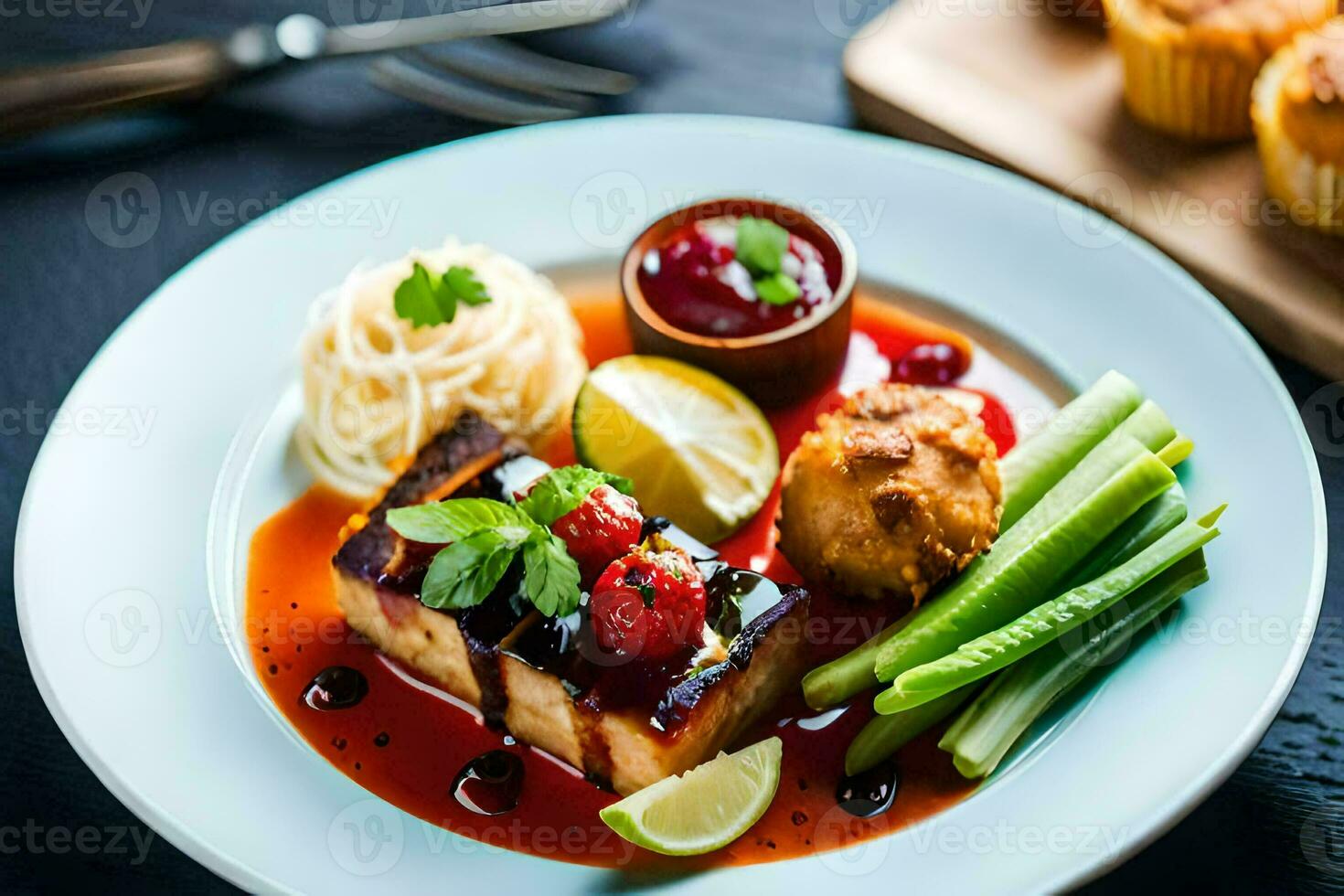 a plate with meat, vegetables and sauce. AI-Generated photo
