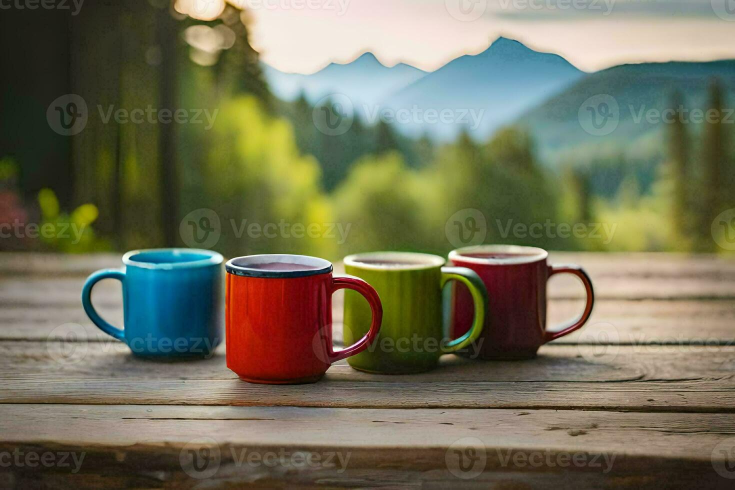 five colorful coffee mugs on a wooden table. AI-Generated photo