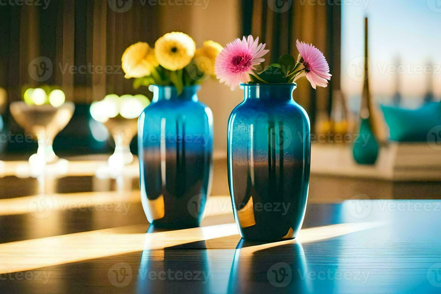 two blue vases with flowers sitting on a table. AI-Generated photo
