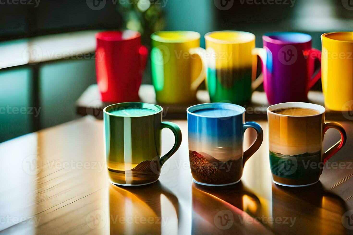 colorful mugs on a table. AI-Generated photo