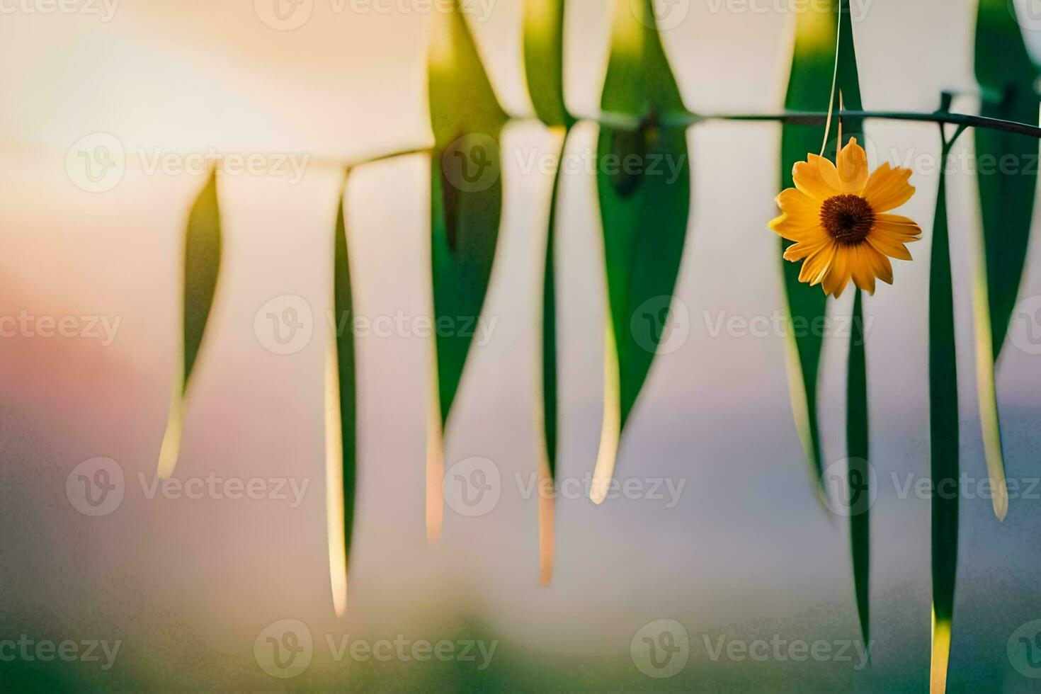 a single yellow flower is hanging from a branch. AI-Generated photo