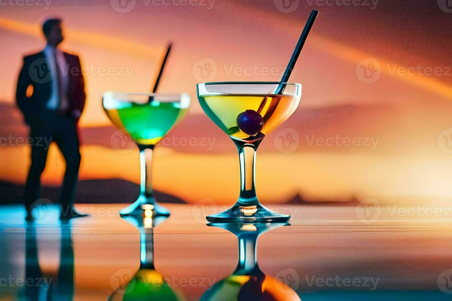 two glasses of cocktails with a man standing in the background. AI-Generated photo