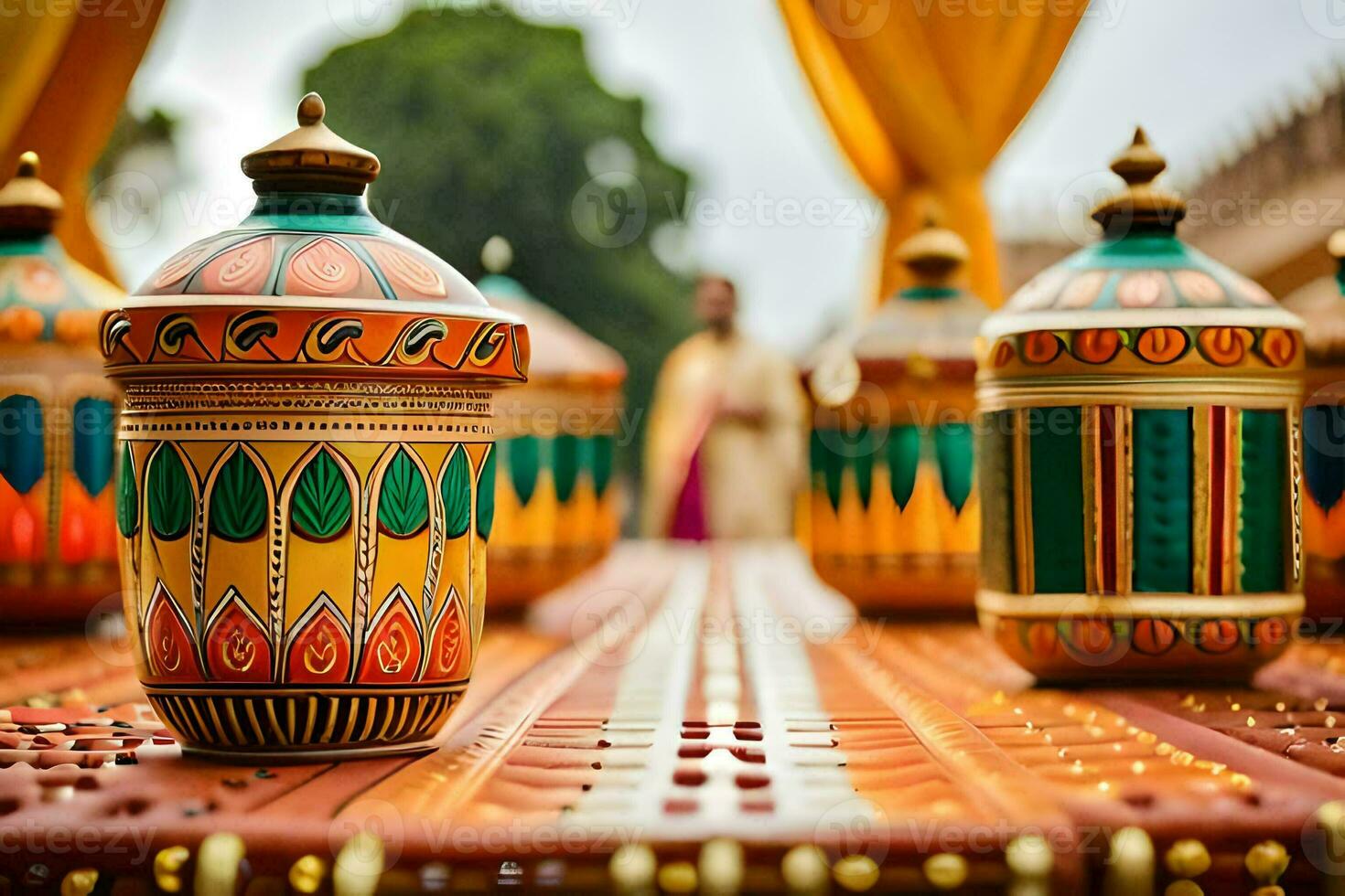 colorful vases on a table with a man in the background. AI-Generated photo