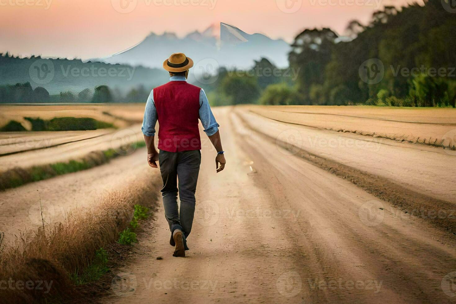 a man walking down a dirt road with mountains in the background. AI-Generated photo
