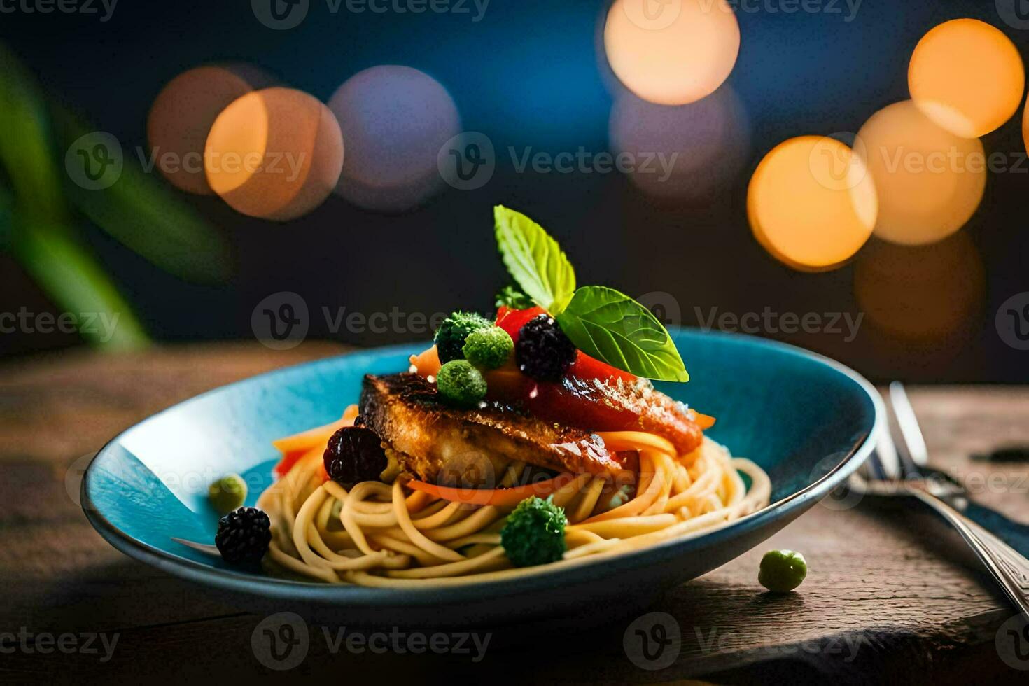 a plate of spaghetti with vegetables and a fork. AI-Generated photo