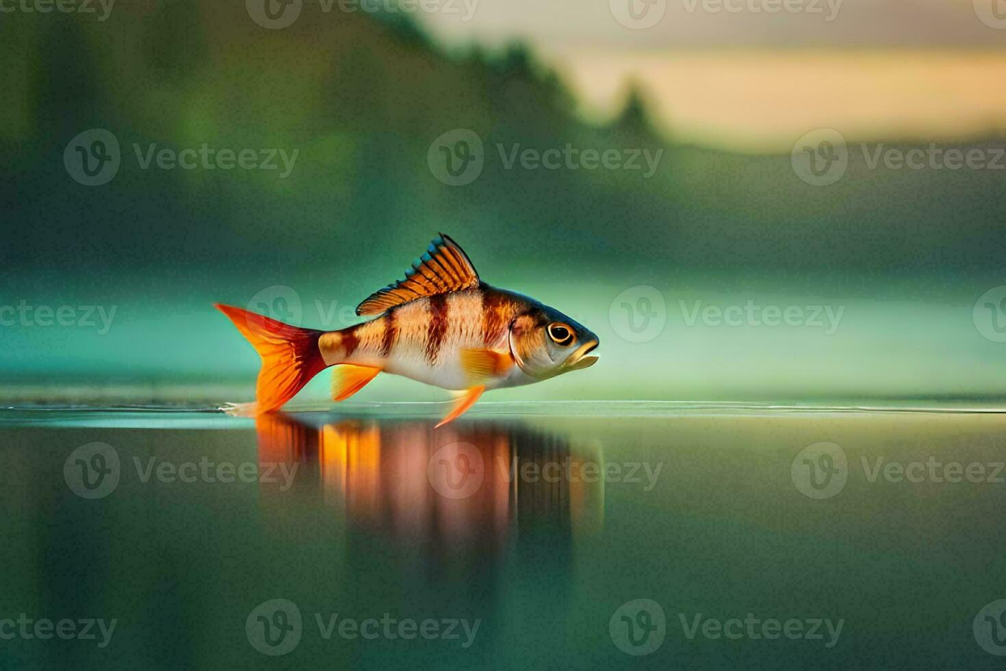 a fish is standing on the water with a foggy background. AI-Generated photo