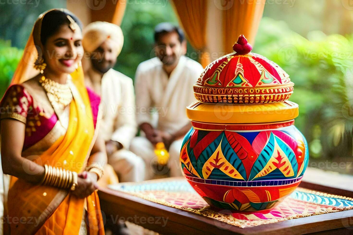 a woman in a sari is holding a colorful pot. AI-Generated photo