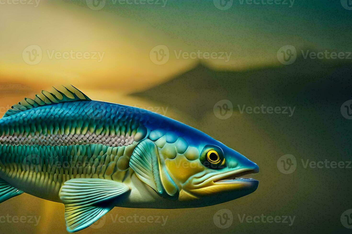 un pescado con un amarillo cuerpo y azul ojos. generado por ai foto