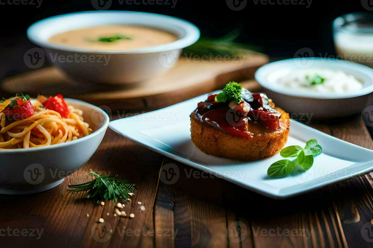 a wooden table with bowls of food and a cup of milk. AI-Generated photo