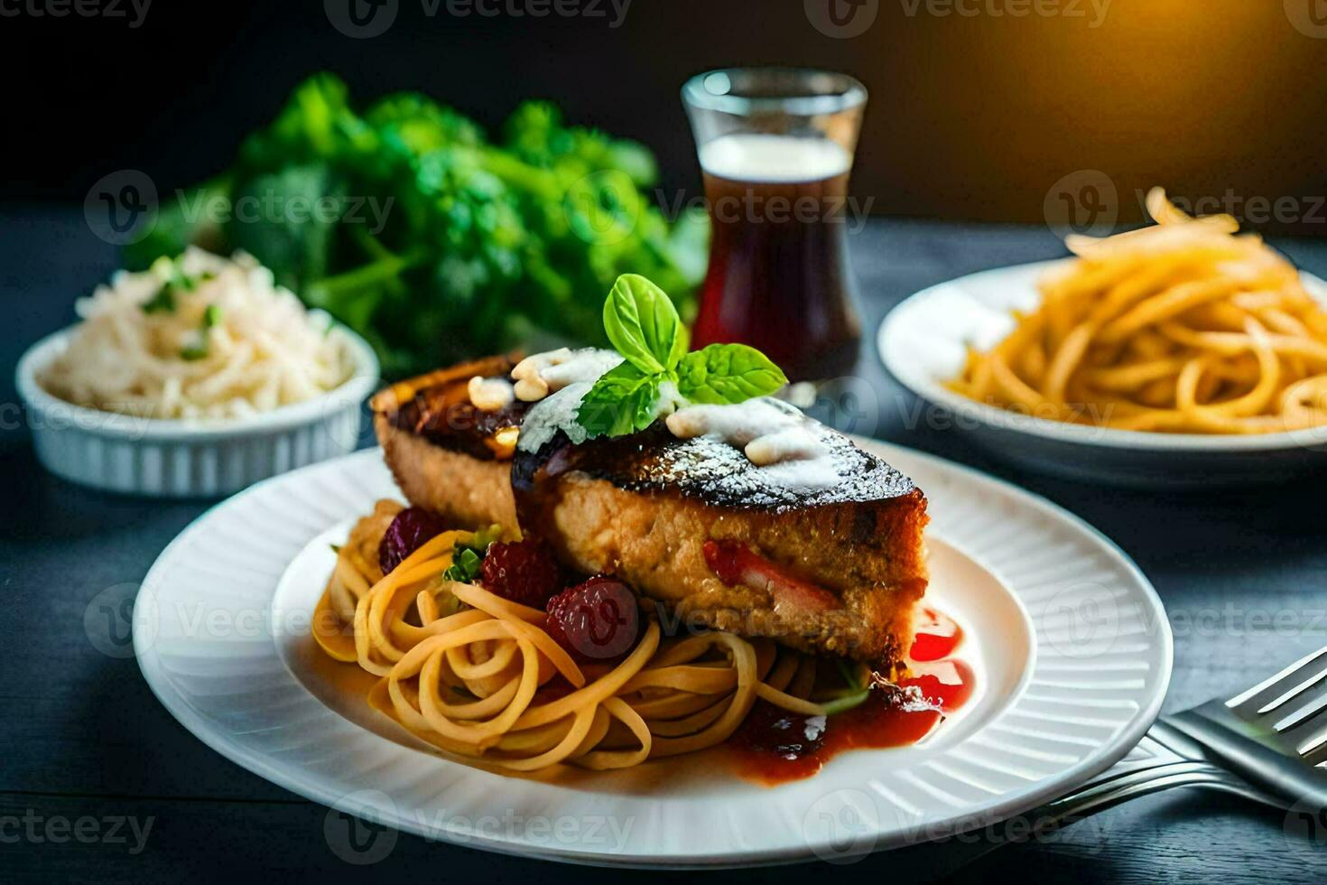 the food is served on a plate with a fork and a spoon. AI-Generated photo