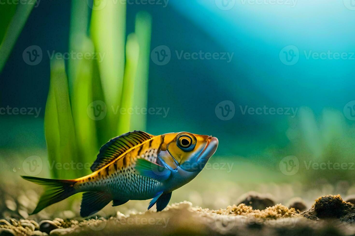 a fish in the ocean with grass and plants. AI-Generated photo