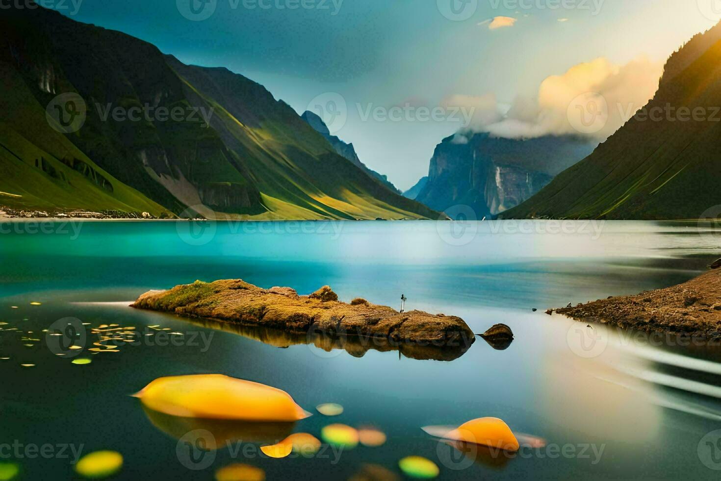 a lake surrounded by mountains and rocks. AI-Generated photo