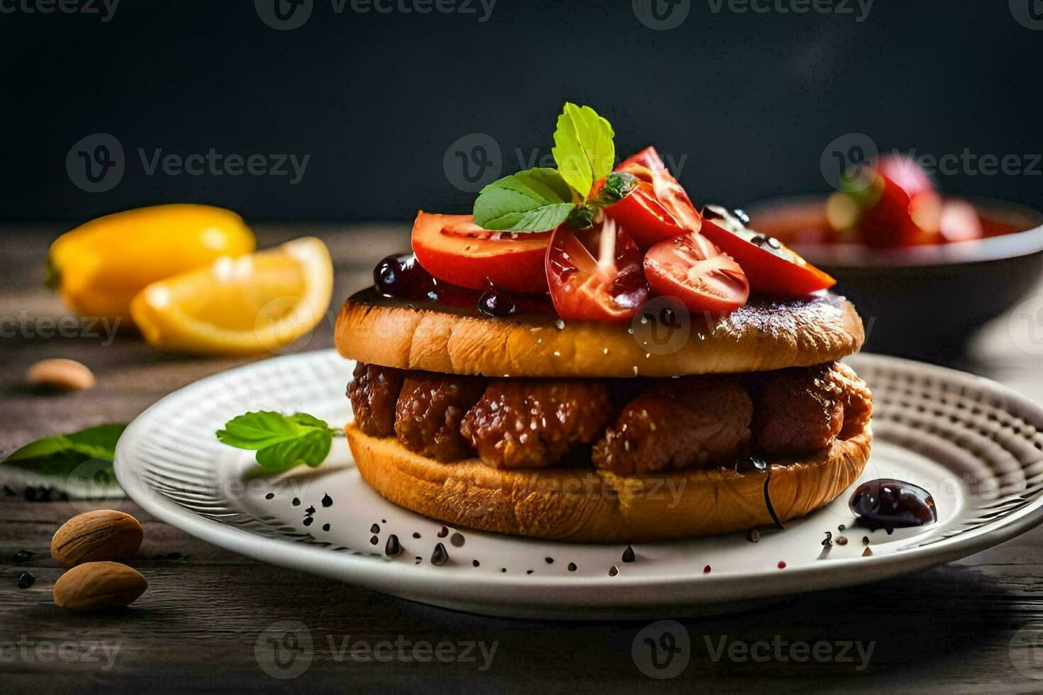 a hamburger with tomatoes and strawberries on a plate. AI-Generated photo