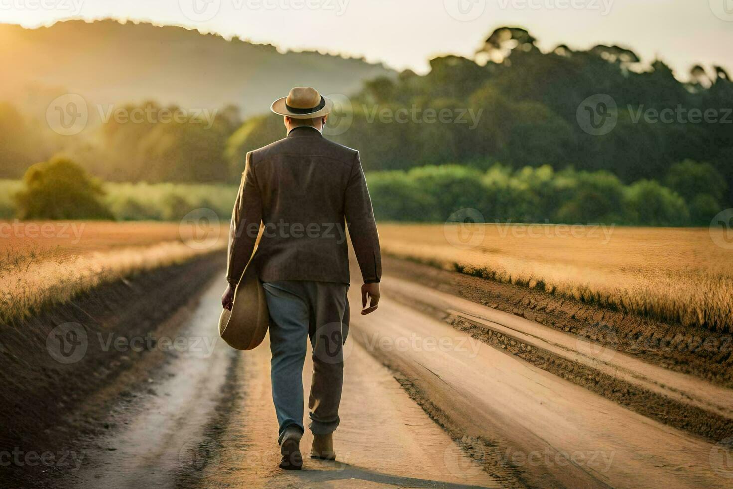 a man in a suit and hat walks down a dirt road. AI-Generated photo