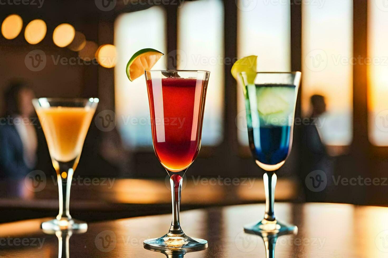 three different colored cocktails sit on a table. AI-Generated photo