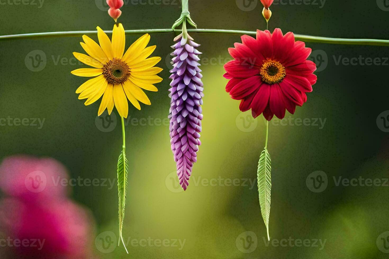 three colorful flowers hanging from a wire. AI-Generated photo