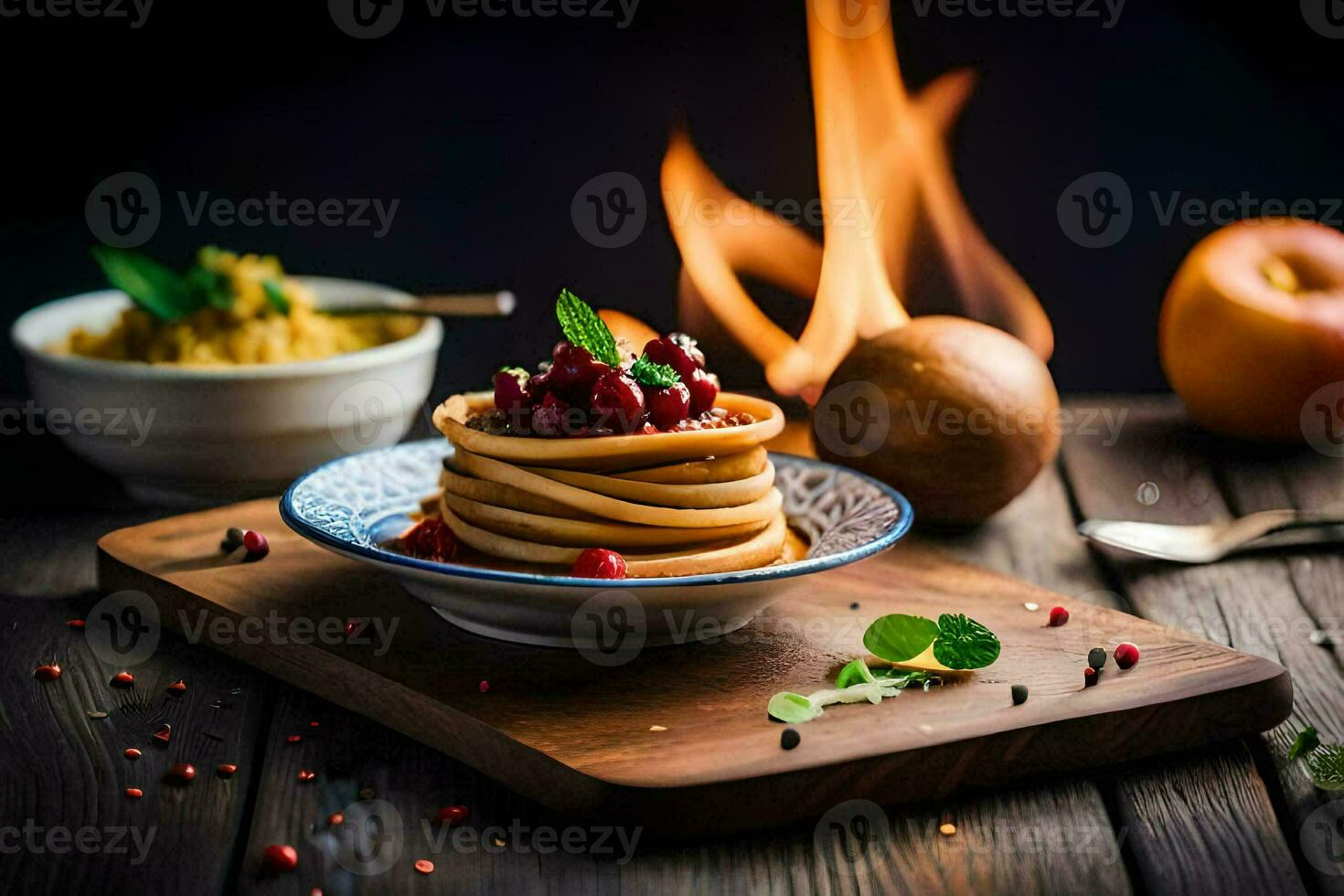 pancakes with berries and spices on a wooden table. AI-Generated photo