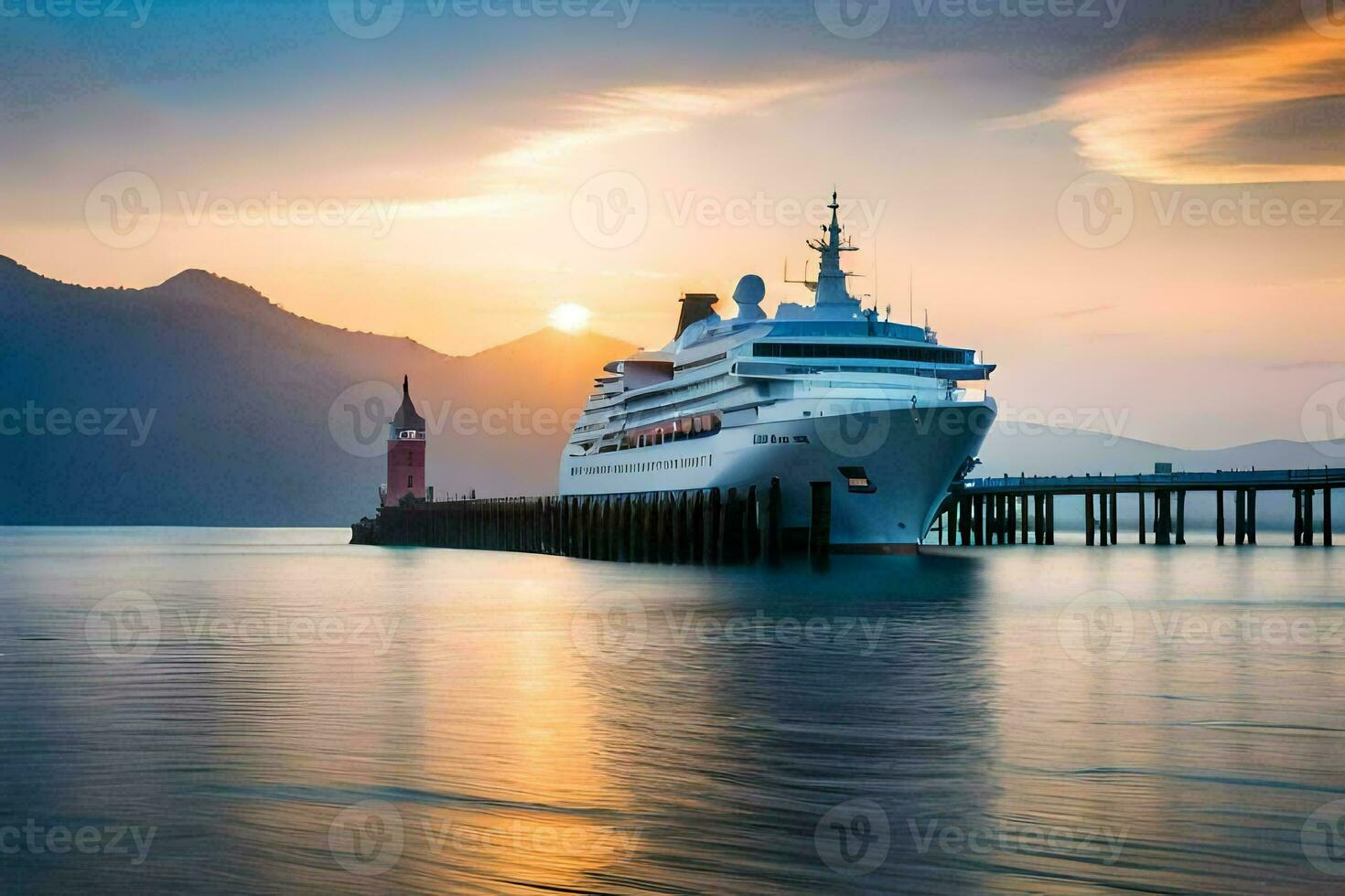 a cruise ship docked at the pier in front of mountains. AI-Generated photo