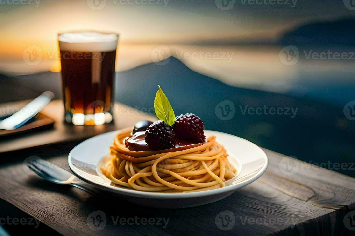espaguetis con baya salsa y un vaso de vino. generado por ai foto