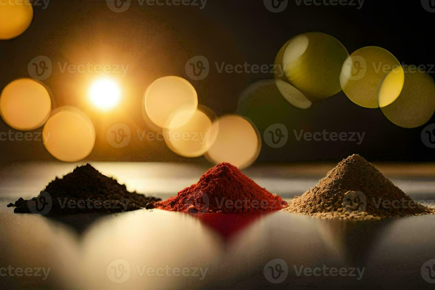 three different types of spices are shown in front of a light. AI-Generated photo