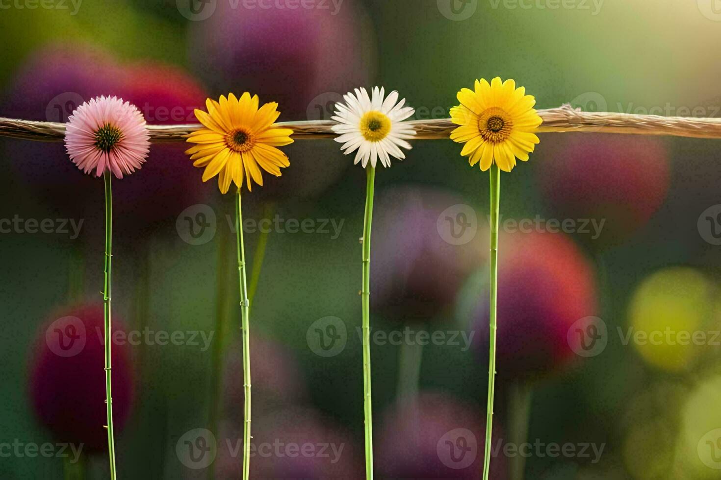 four different colored flowers are on a wire. AI-Generated photo