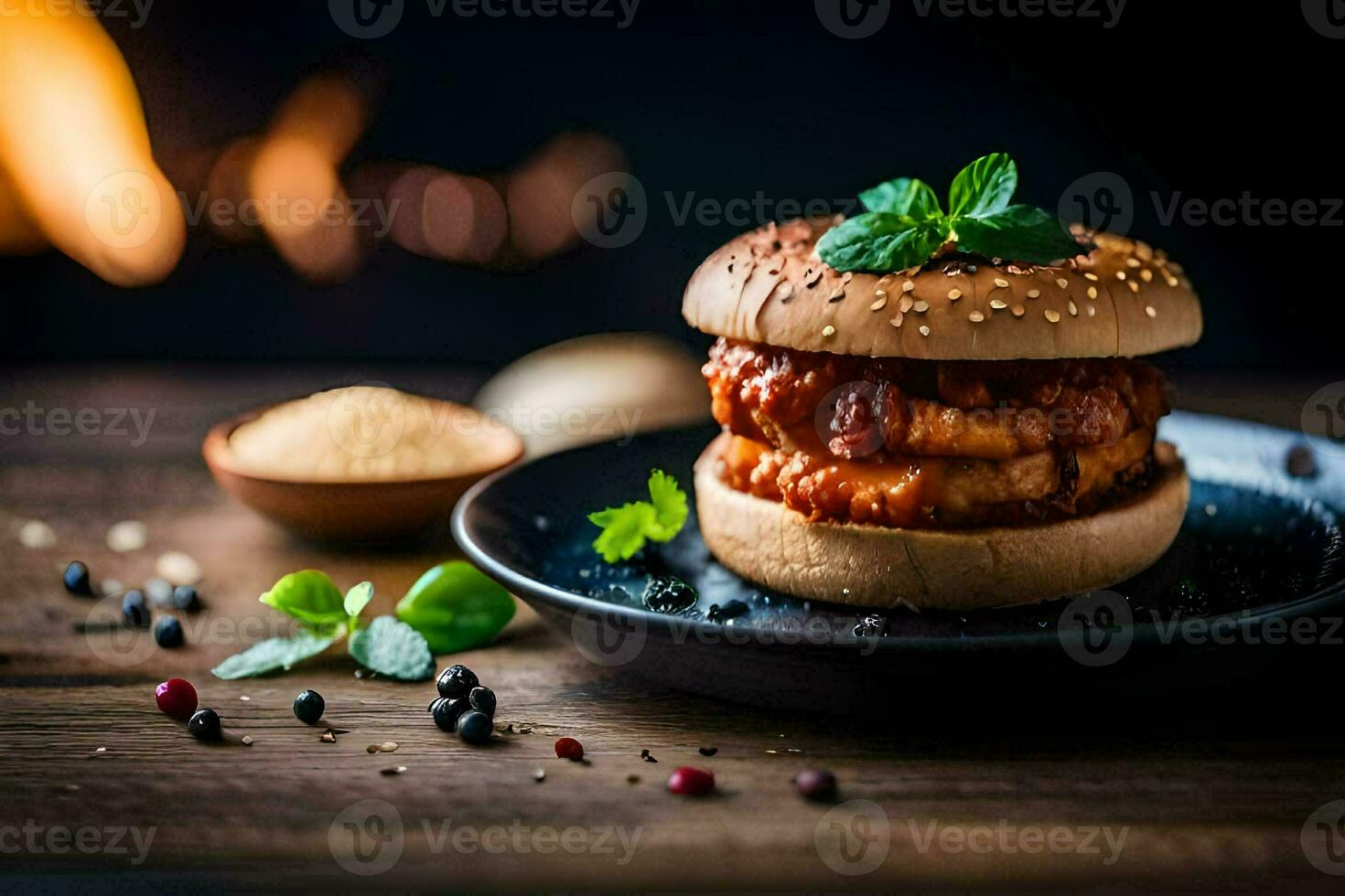 a hamburger with sauce and herbs on a plate. AI-Generated photo