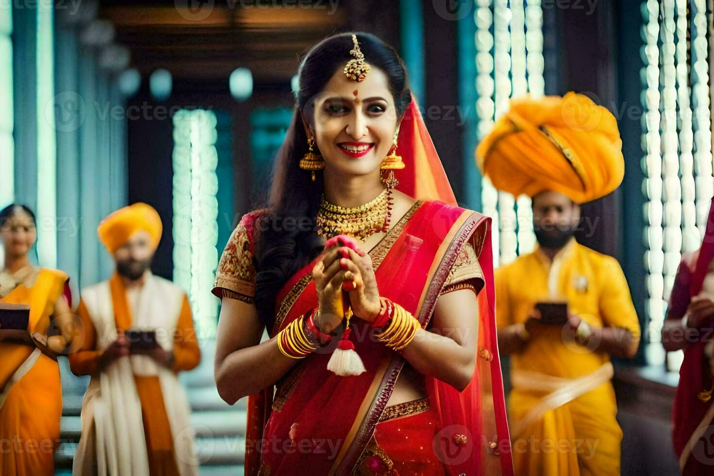 a woman in traditional indian attire is standing in front of her group of people. AI-Generated photo