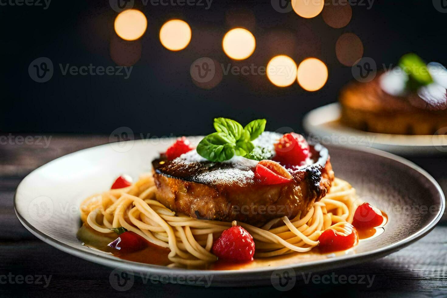 a plate of spaghetti with meat and sauce on a wooden table. AI-Generated photo