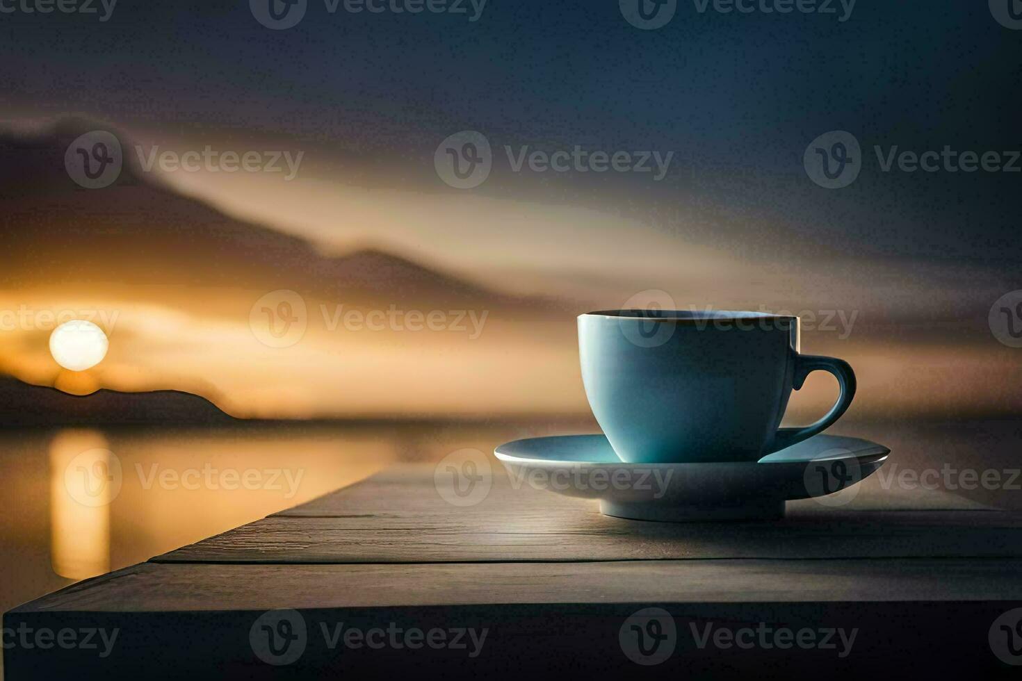 a cup of coffee on a wooden table with the sun setting behind it. AI-Generated photo