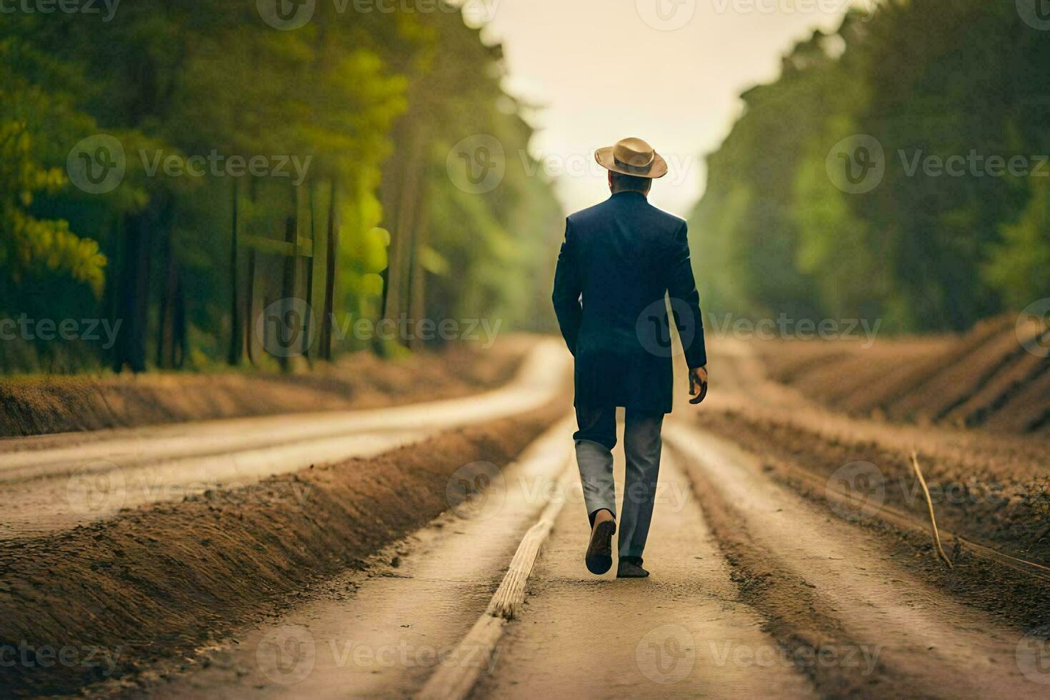 a man in a suit and hat walking down a road. AI-Generated photo