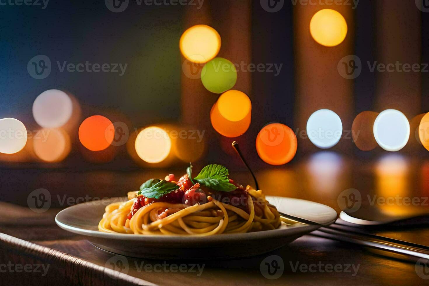 spaghetti with tomato sauce and basil on a plate. AI-Generated photo